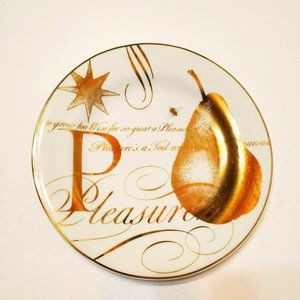 Pottery Barn Plate, Gold Lettering Pleasure, Pear Fruit, Ceramic Salad Plate